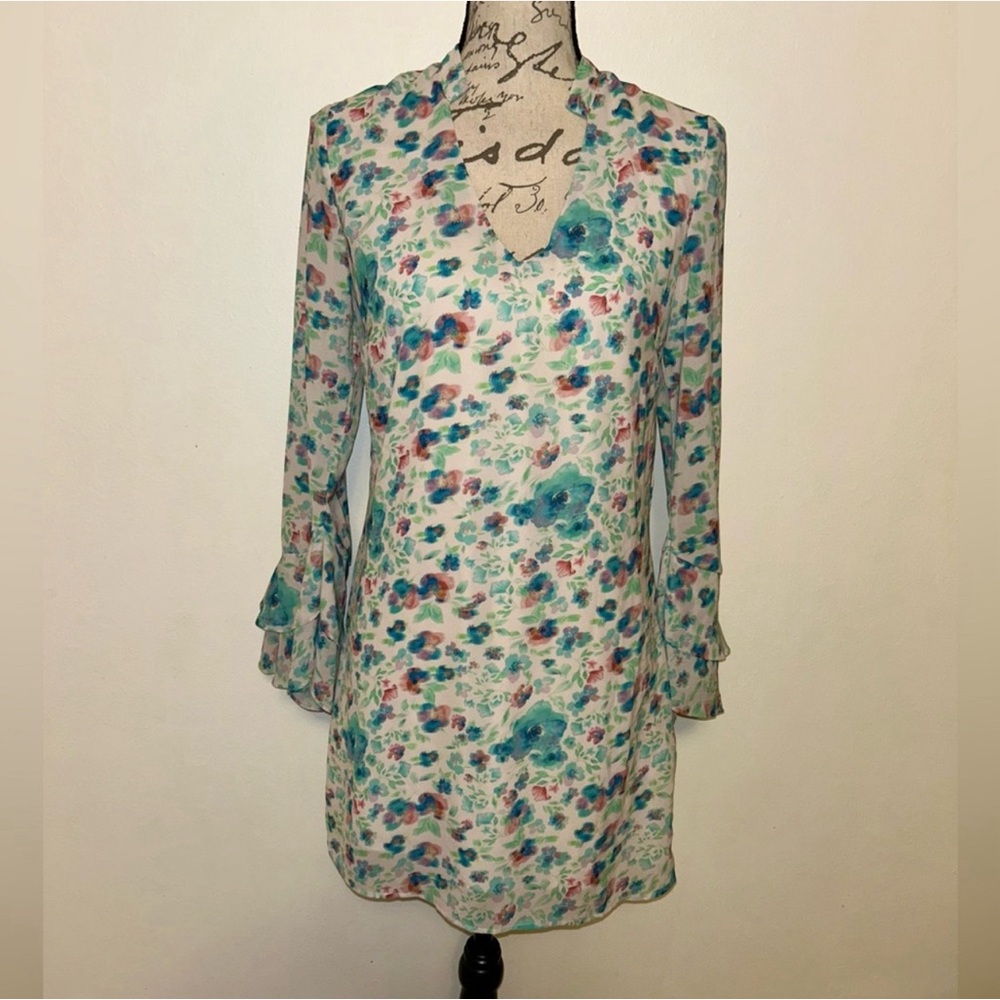 bebe White Floral Mini Dress with Teal & Pink Accents